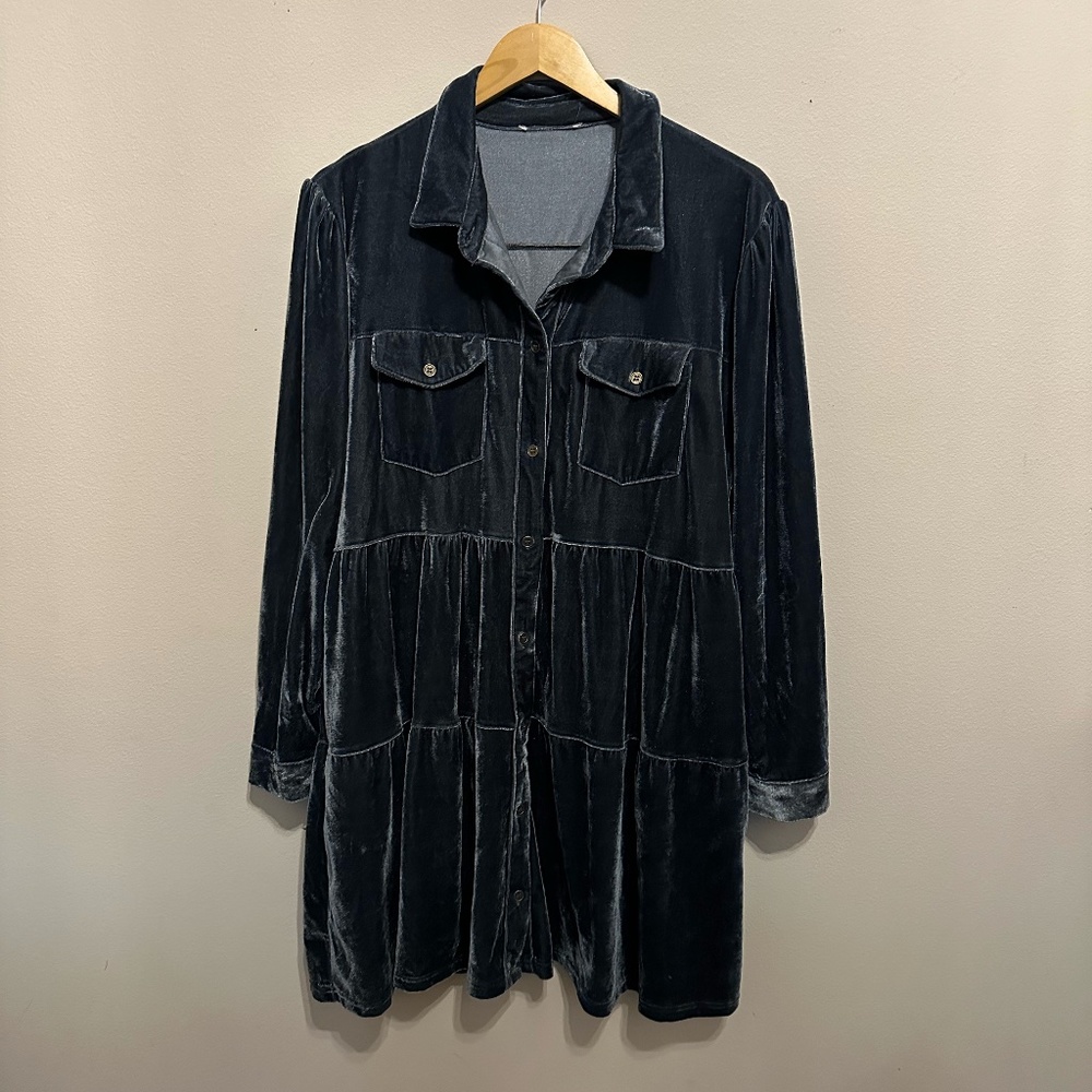 Velvet Long Sleeve 3 Tier Collar Button Down Dress STEEL BLUE XL